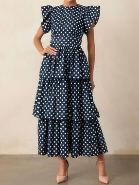 PROSPERINA  NAVY POLKA DOT MIDI DRESS NWT SIZE MEDIUM
